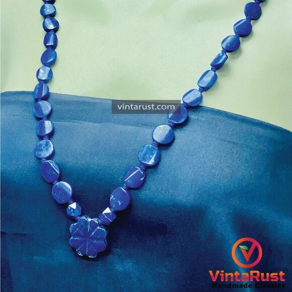 Lapis Lazuli Necklace, Handmade Beaded Pendant Necklace, Natural Blue Gemstone - Picture 7 of 10